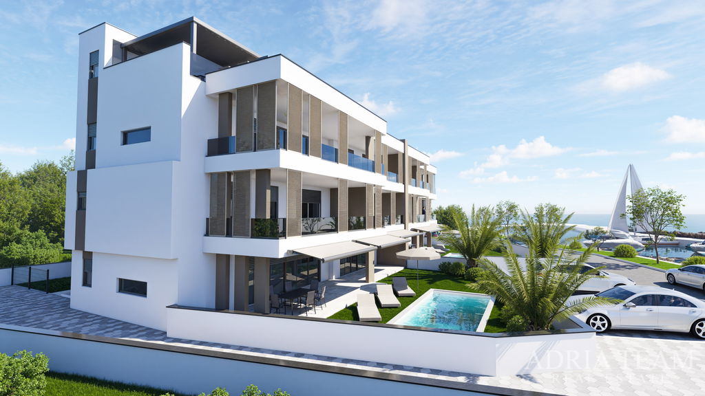 KRÁSNÝ APARTMÁN, NOVOSTAVBA, PRVNÍ ŘADA U MOŘE – ZATON, NIN